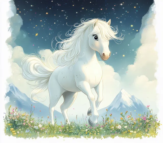 A white horse prances on a wildflower meadow under stars, with clouds and snowy mountains in the distance.