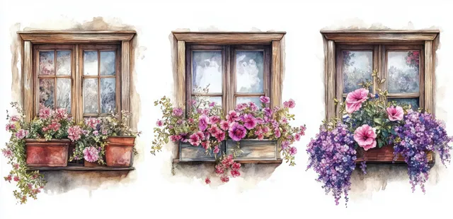 Three rustic wooden windows adorned with colorful flower boxes create a cozy countryside garden ambiance against a textured wall.