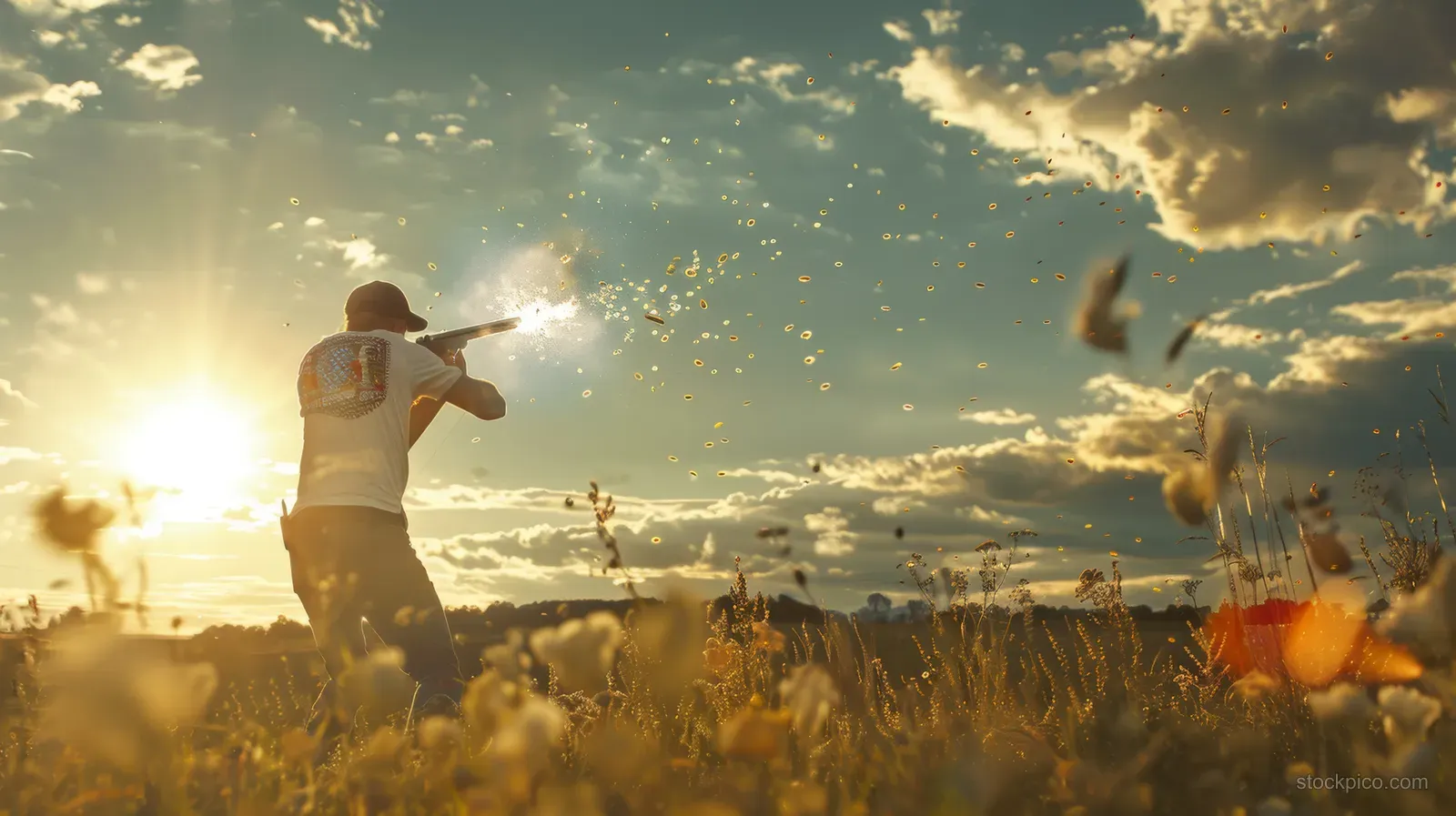 A shotgun skeet shooter tracks a flying clay target as clay fragments scatter in a rural sunset field.