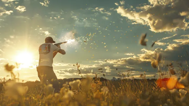 Shotgun skeet shooter aiming at flying clay targets in rural fields at sunset