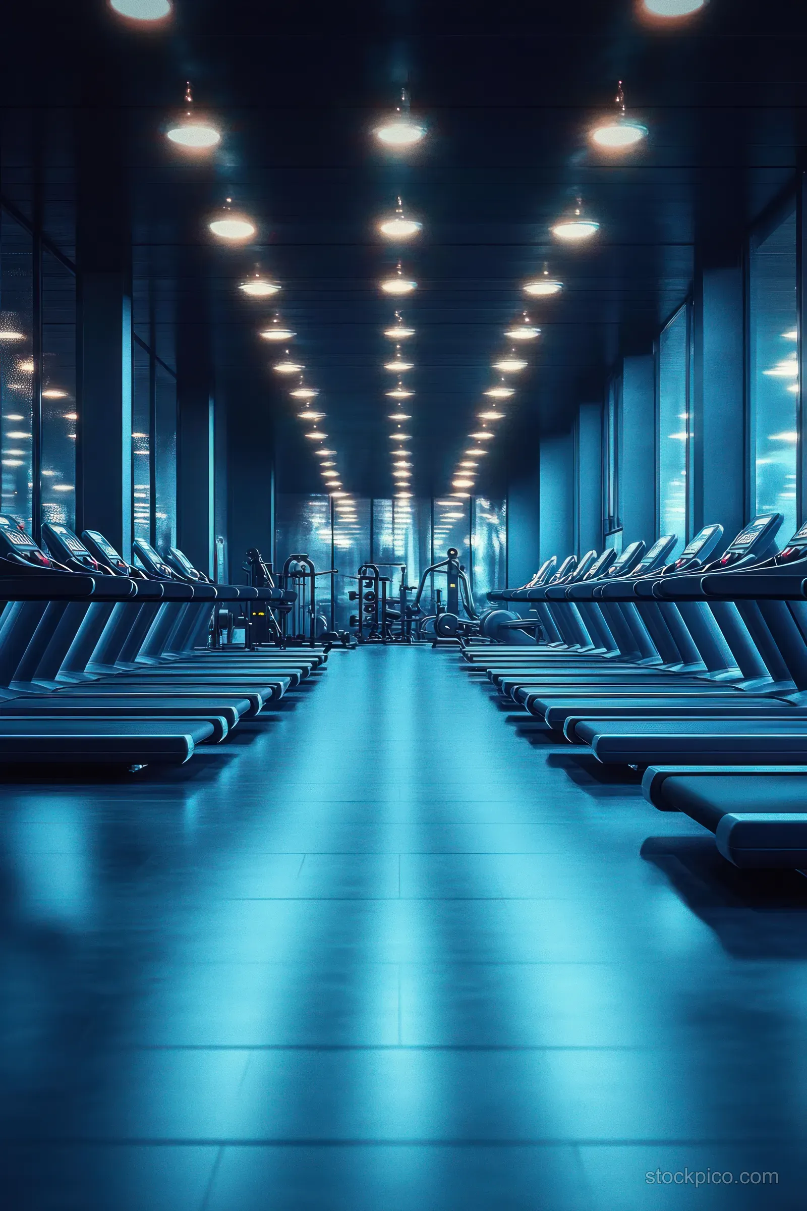 Empty gym corridor with two symmetrical rows of treadmills illuminated by blue ceiling lights.