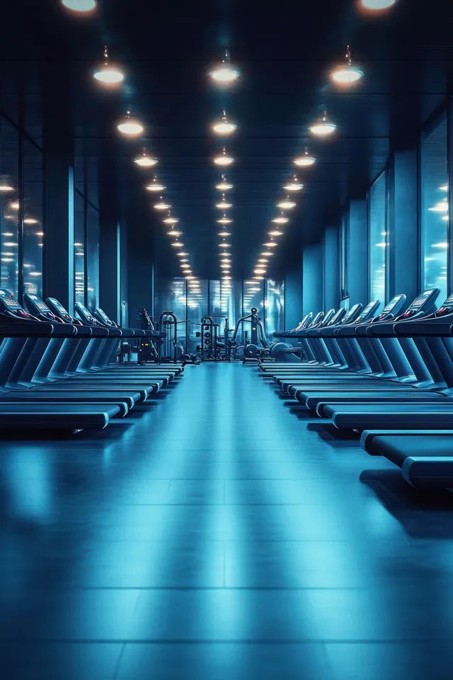 Empty gym corridor with two symmetrical rows of treadmills illuminated by blue ceiling lights.