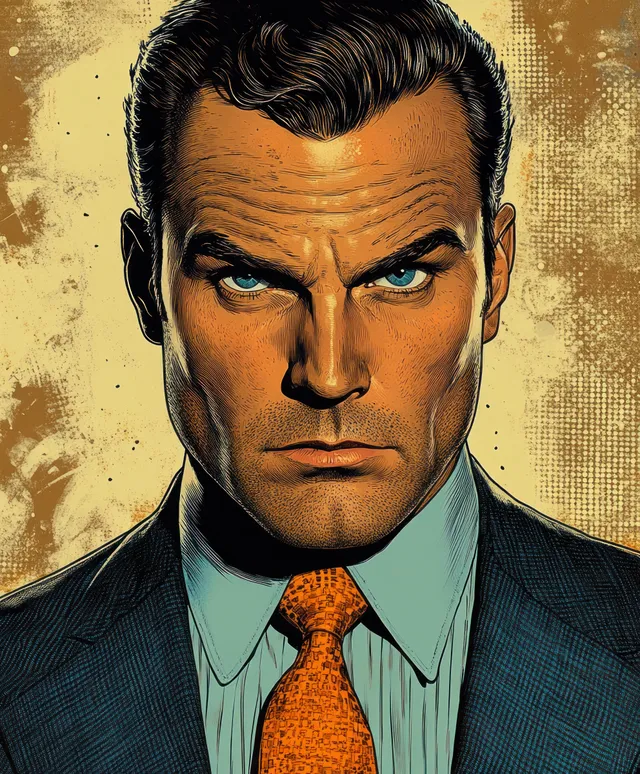 A stern man in a suit and patterned orange tie in a gritty textured portrait.
