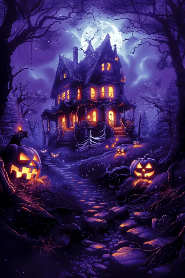 Haunted gothic house in a purple moonlit forest with glowing jack-o’-lanterns, fog, and eerie tree shadows.