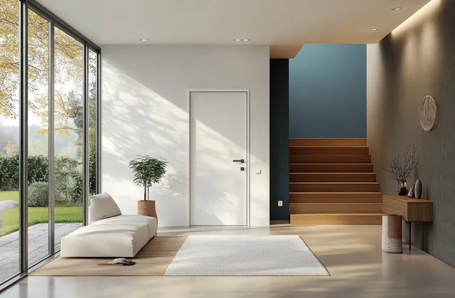 Minimalist hallway entrance with a white door, area rug, and warm wooden staircase lit by window daylight.