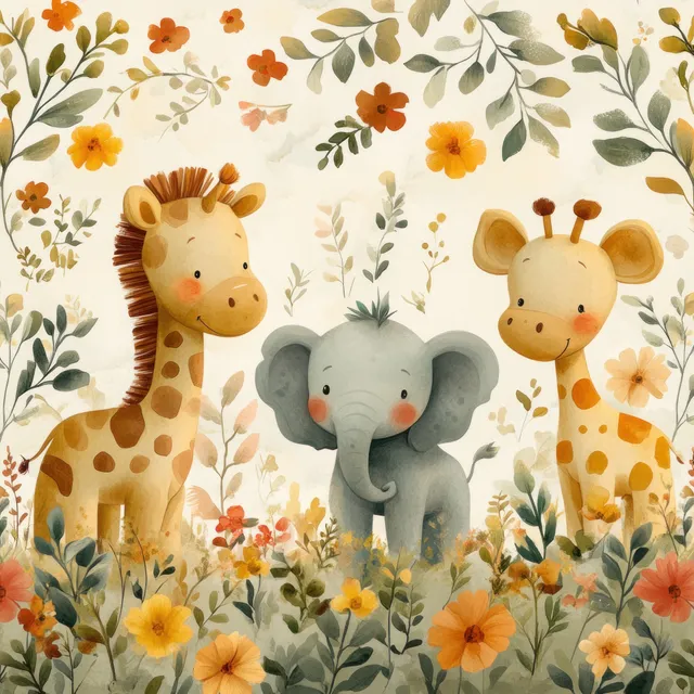 Watercolor safari animals pattern with elephant, giraffe, zebra and jungle flowers