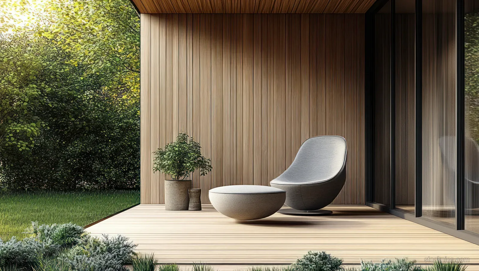 Gray lounge chair sits on a wooden patio deck beside a planter and bowl with trees and grass in the background.