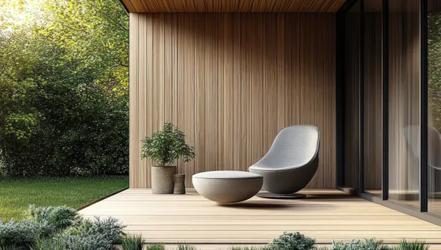 Gray lounge chair sits on a wooden patio deck beside a planter and bowl with trees and grass in the background.