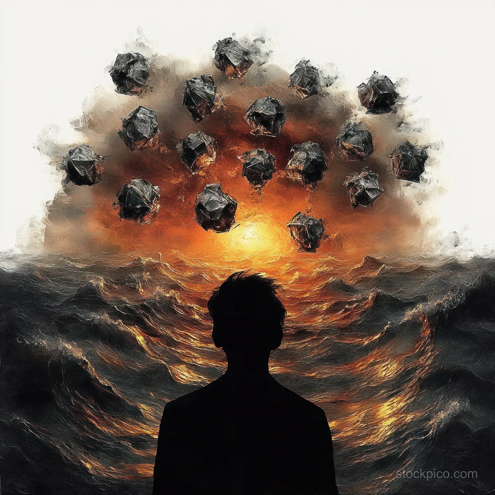 A silhouetted figure stands before churning ocean waves under a fiery orange sunset with dark geometric fragments hovering above.