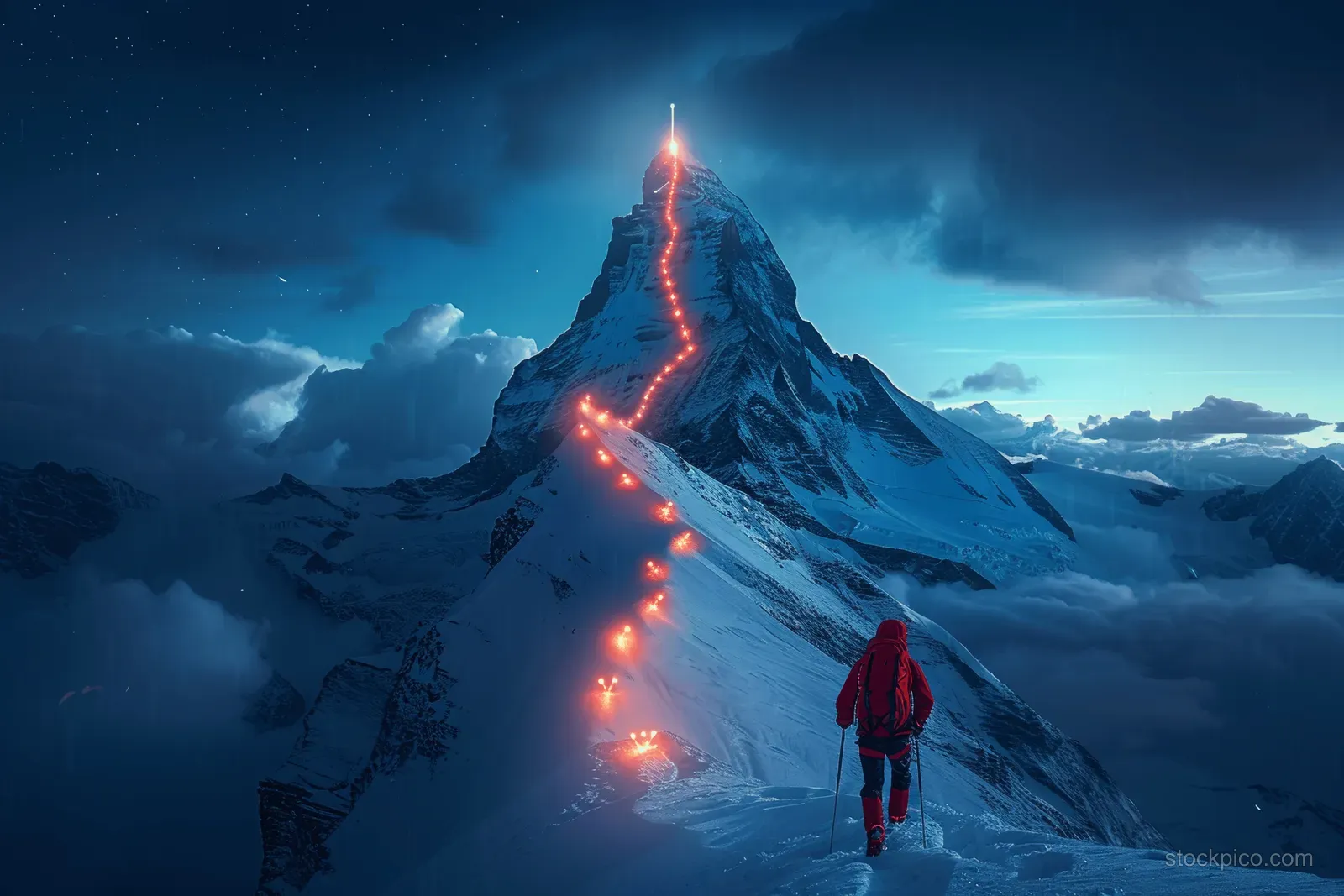 A red-jacketed climber follows a glowing dotted route up a snowy peak at night beneath a starry sky.
