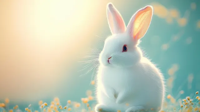 A white rabbit sits among tiny flowers in warm sunlight.