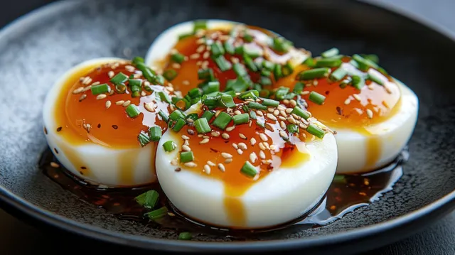Four soft-boiled egg halves on a dark plate topped with chives, sesame seeds, and soy sauce.