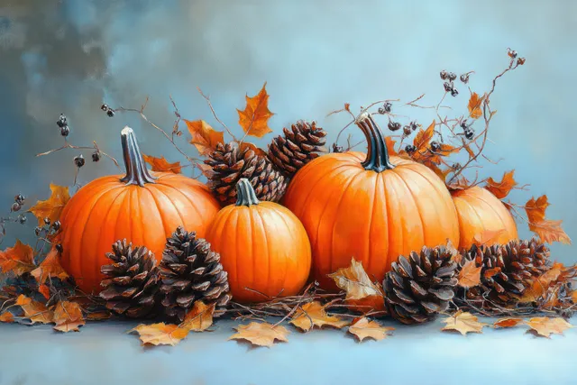 Orange pumpkins, pinecones, and fall leaves arranged on a blue background in a flat lay.