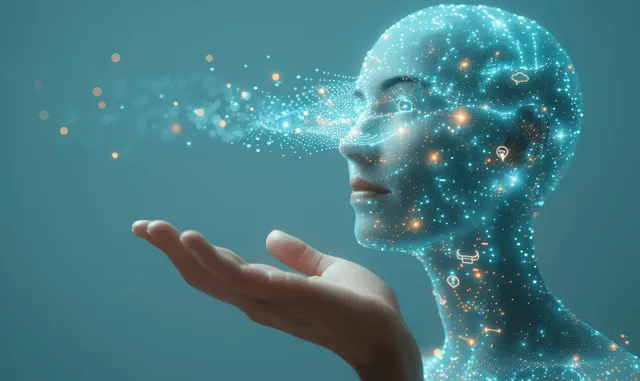 Hand holding tablet showing glowing AI head with speech bubbles in network space