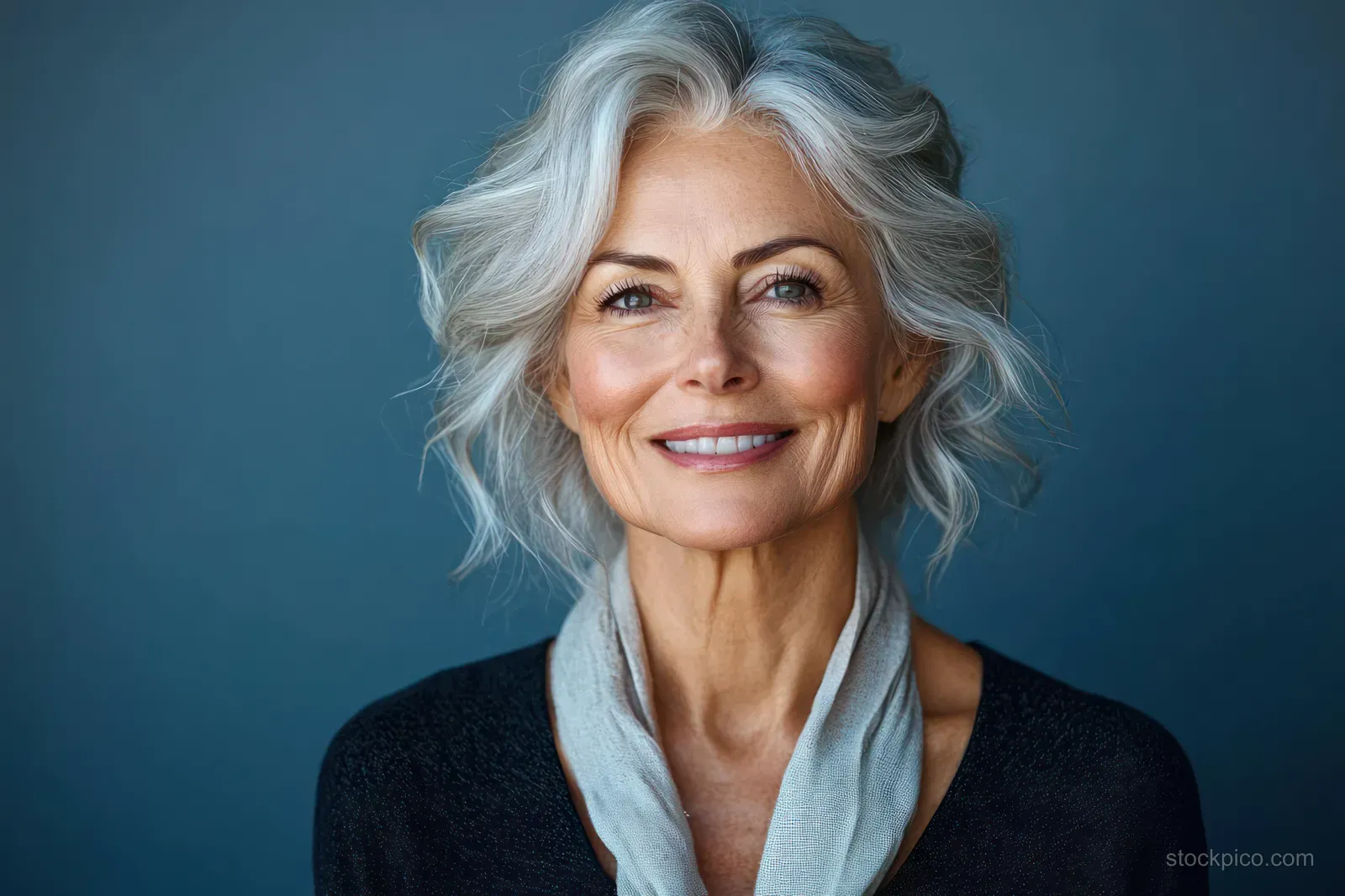 Smiling mature woman with gray hair and a light scarf in a close-up portrait against a blue background.