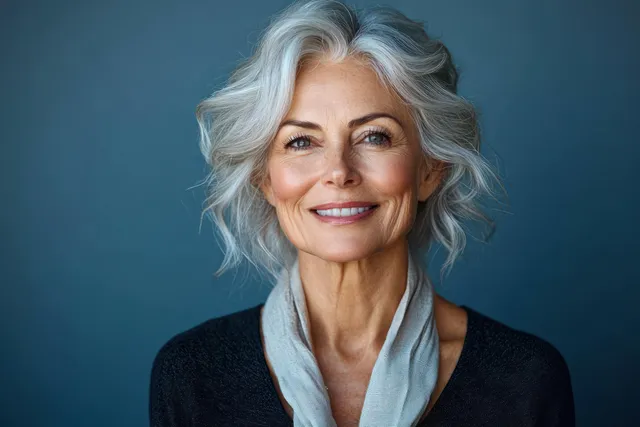 Smiling mature woman with gray hair in close-up portrait against solid blue backdrop