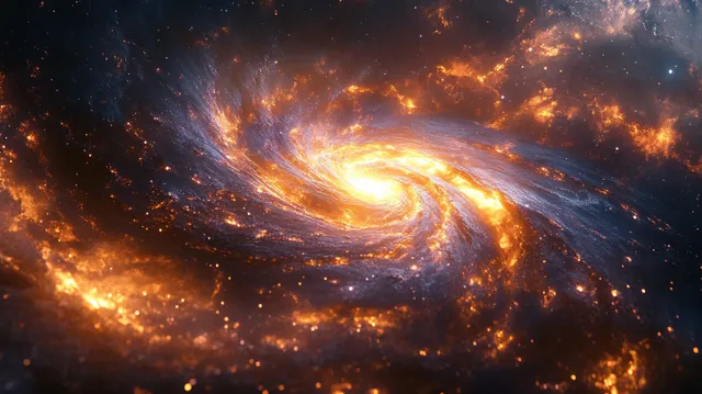 A glowing spiral galaxy with orange nebula clouds and scattered stars in deep space darkness.