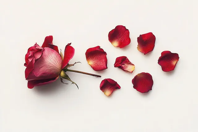 A withered red rose with scattered petals on a white background.