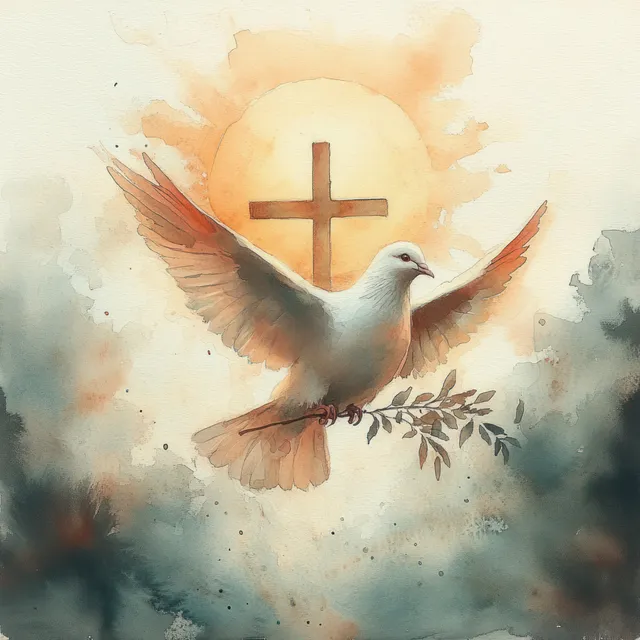 Watercolor dove with an olive branch flies above a glowing Christian cross in soft pastel clouds.