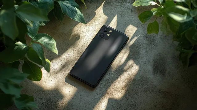 Black smartphone with dual cameras on a textured stone surface with green leaves around it and soft shadows.