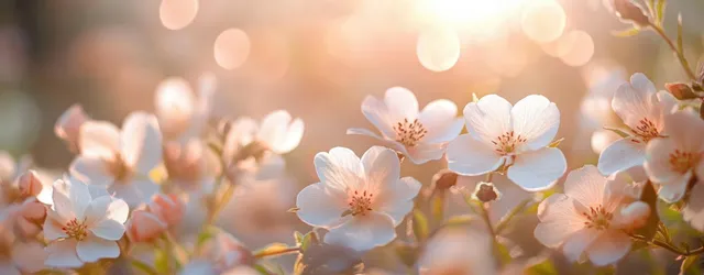Close-up of white and pale pink blossoms blooming in warm sunlight with a softly blurred background.