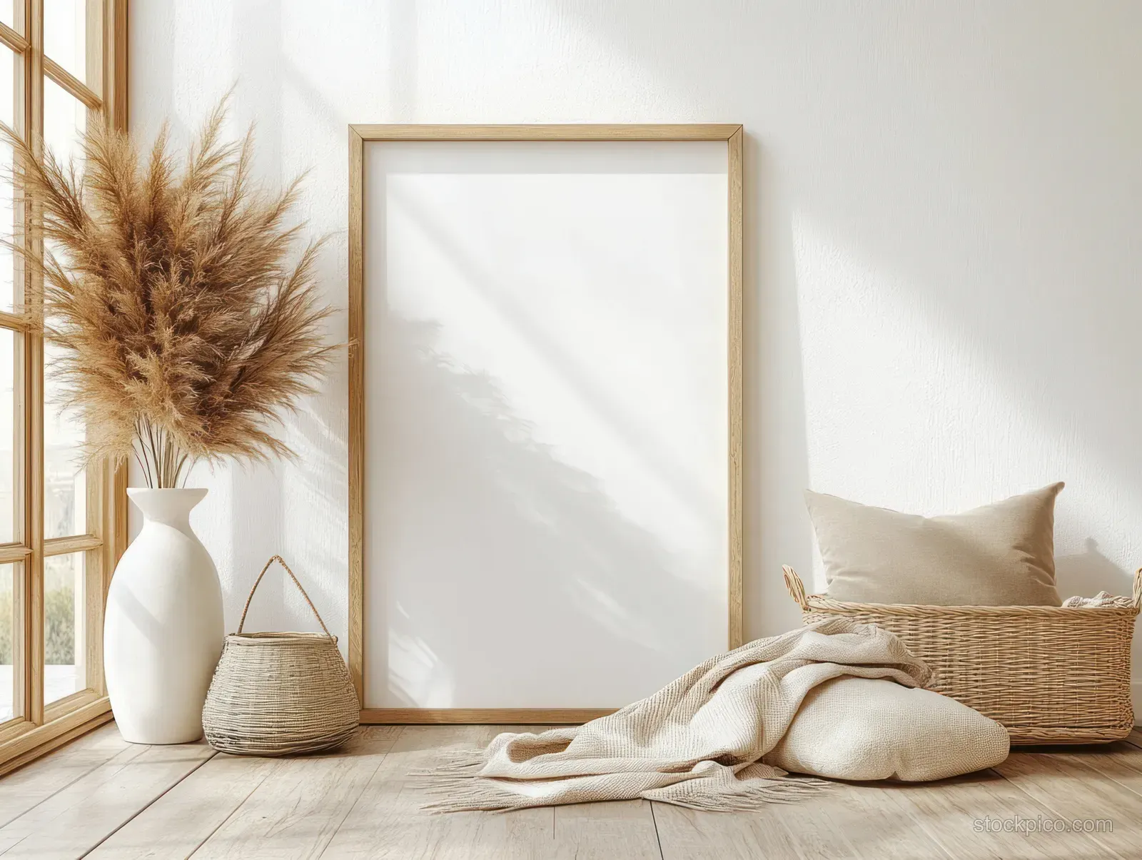 Vertical framed mockup in a bright living room beside pampas grass vase, blanket, woven basket, and beige pillow.