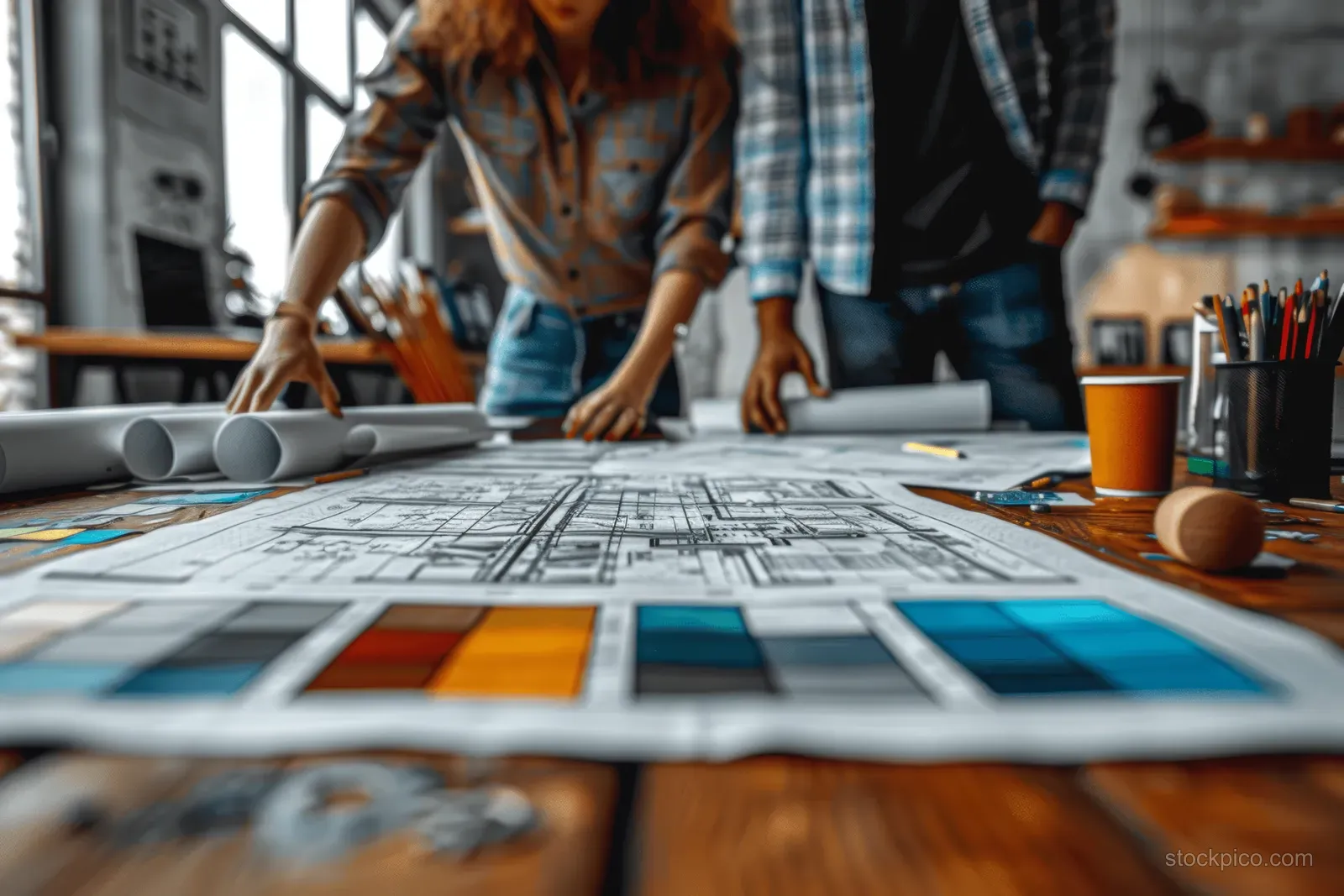 A team reviews architectural blueprint sheets and colored swatches around a table in a modern office.
