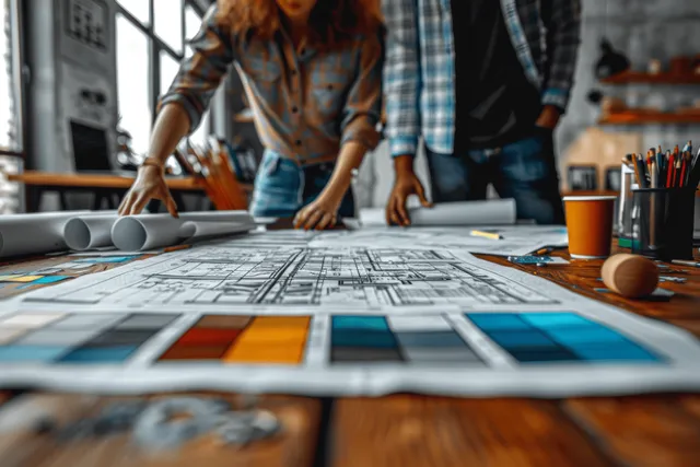 A team reviews architectural blueprint sheets and colored swatches around a table in a modern office.