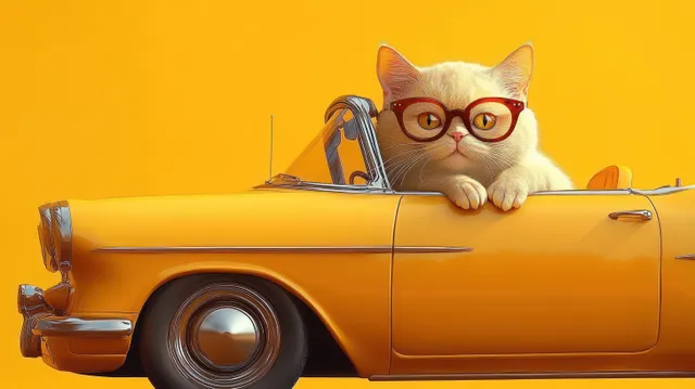 Cat wearing glasses driving a vintage yellow car on a bright solid background