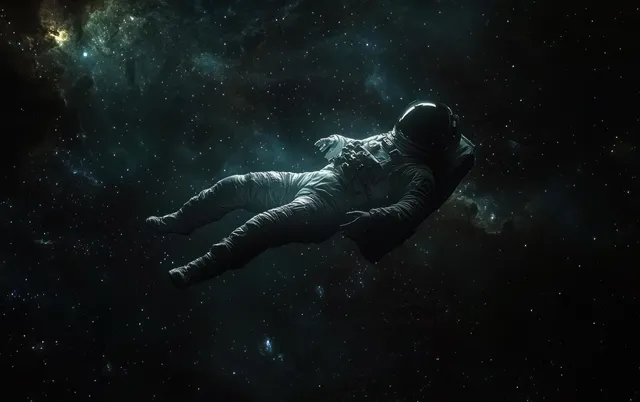 An astronaut floats weightlessly in dark space, with glowing nebula clouds and stars in the background.