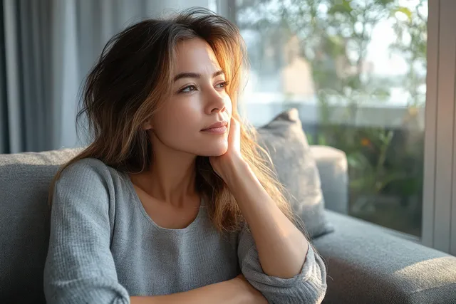 Mature Asian woman sitting alone on a sofa, pensive with soft daylight streaming in