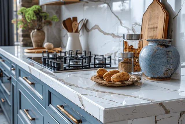 Blue cabinet kitchen with marble counter, gas stove, bread on a tray, and a ceramic jar near cutting boards.