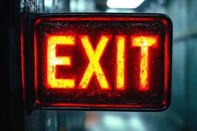 A glowing red EXIT sign illuminates a dark hallway wall with bright warning light.