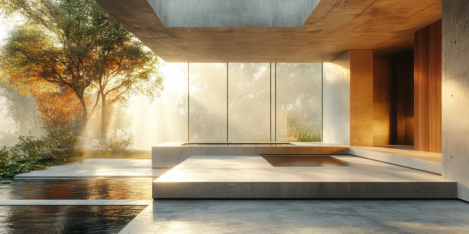 Sunlit minimalist concrete interior with window light beams, distant tree silhouettes, and a recessed niche wall.