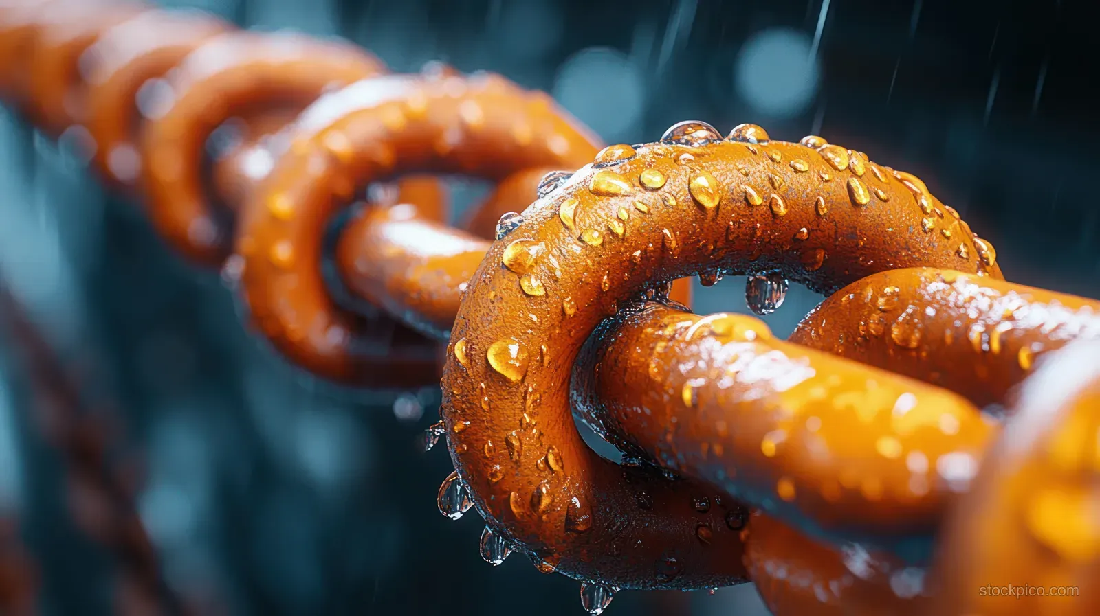 Macro view of rusty orange chain links with water droplets in the rain and shallow depth of field.