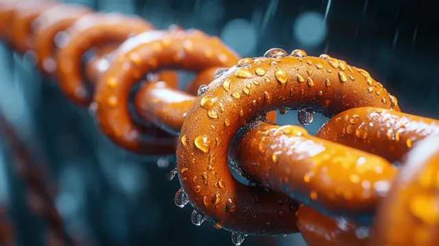 Macro view of rusty orange chain links with water droplets in the rain and shallow depth of field.