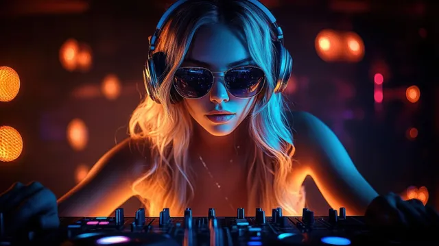 A young DJ wearing sunglasses and headphones mixes music on a console under orange and blue club lights.