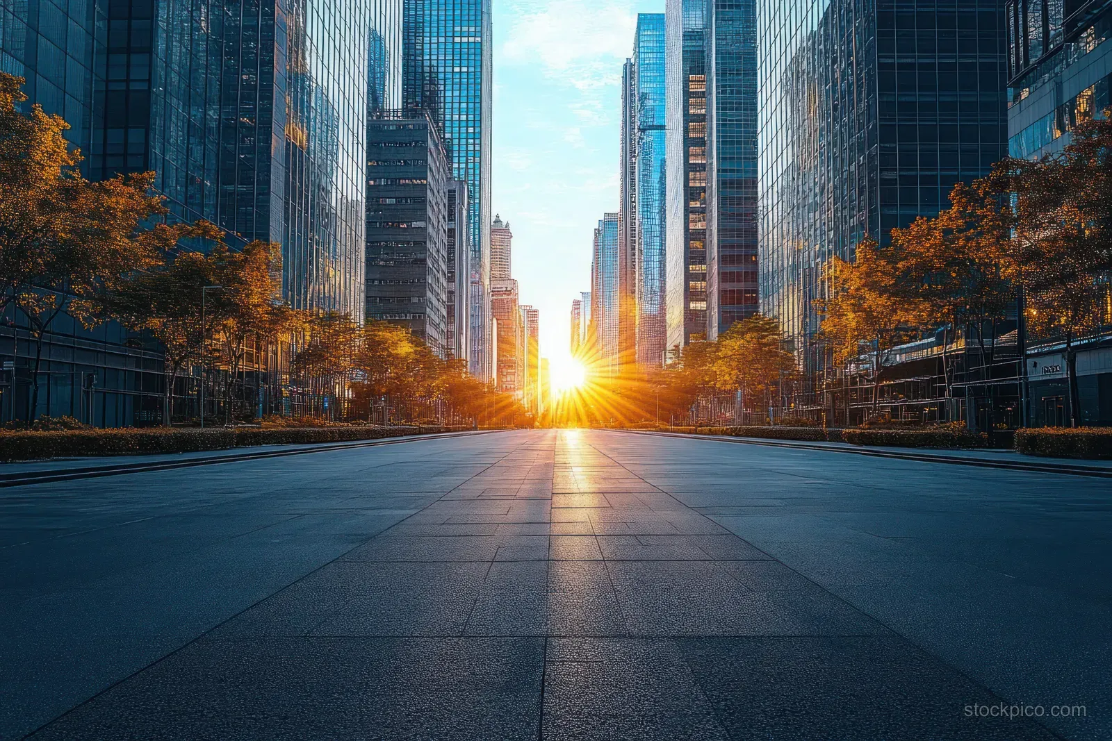 An empty city street runs between tall glass skyscrapers with autumn trees as the sun rises and lights the road.