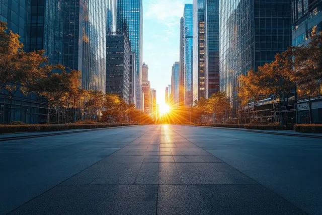 Empty downtown street between glass skyscrapers with autumn trees at sunrise golden-hour glow