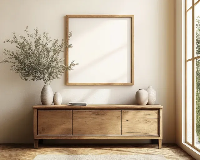 Scandinavian minimalist living room with wooden cabinet, framed poster, and daylight shadows