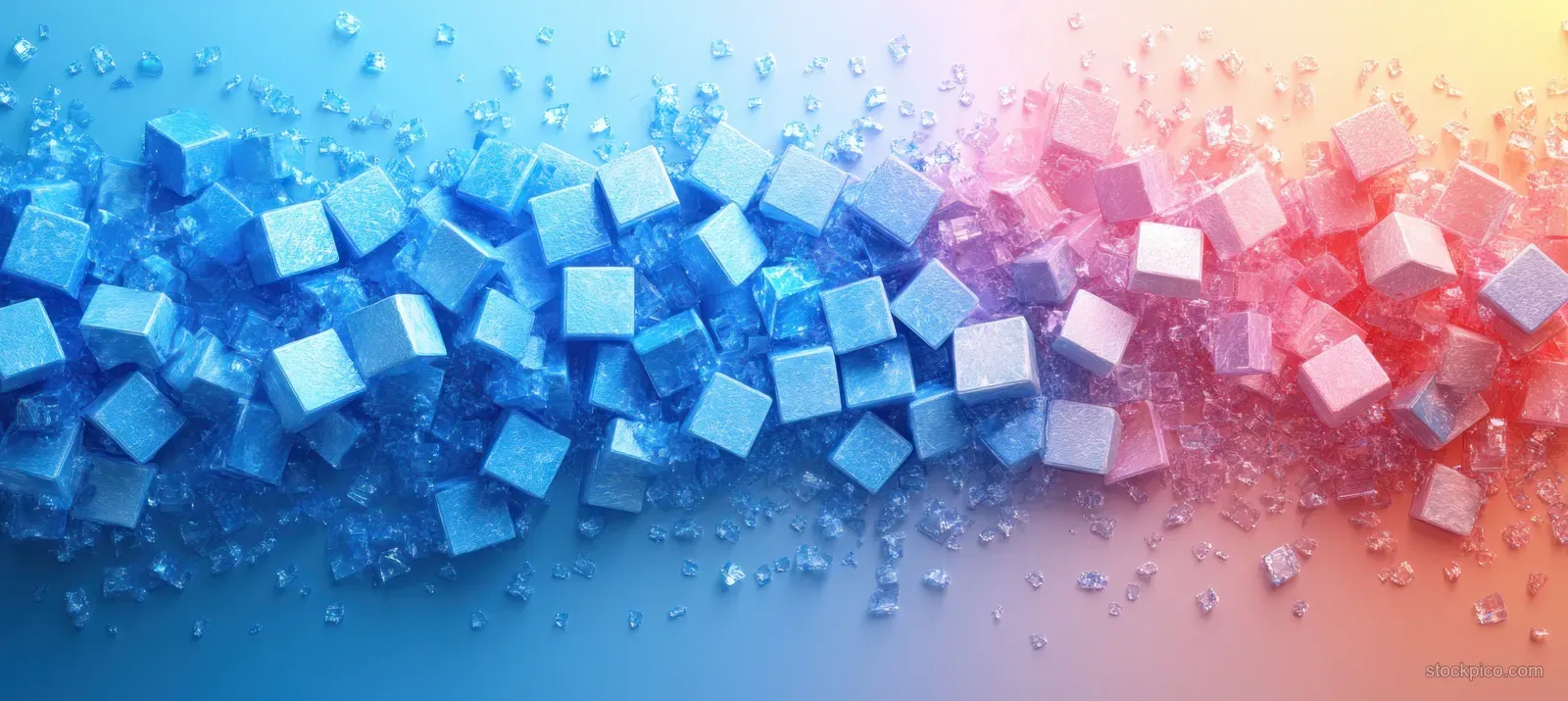 Scattered translucent blue and pink cubes with tiny sparkling particles across a smooth gradient background.