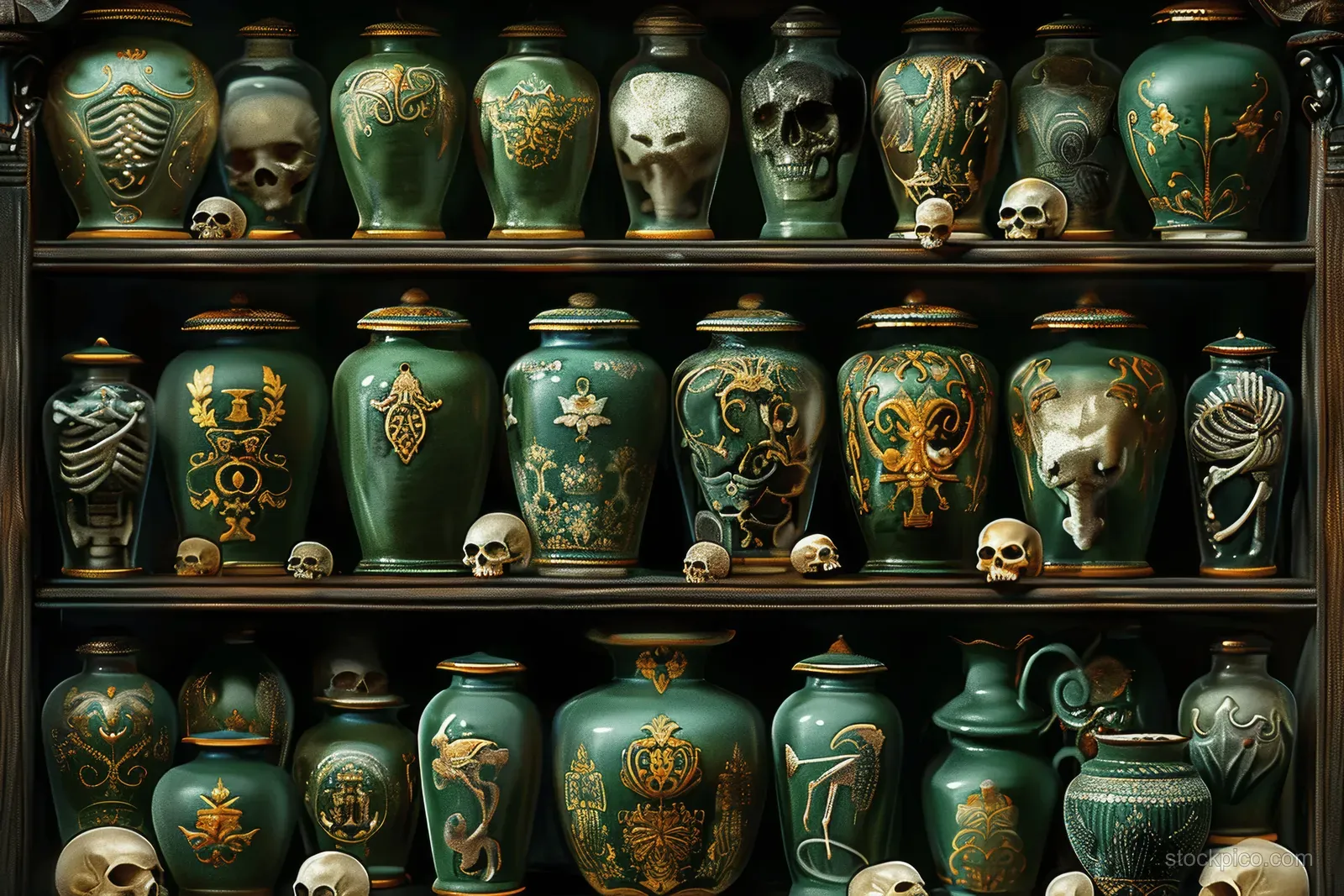 Green and gold potion jars and skulls arranged on stacked gothic apothecary shelves.