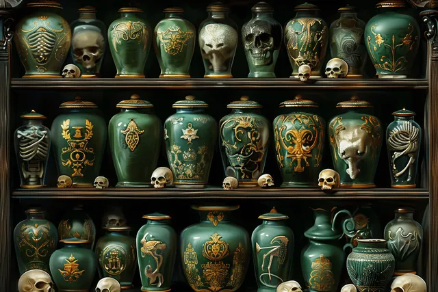 Green and gold potion jars and skulls arranged on stacked gothic apothecary shelves.