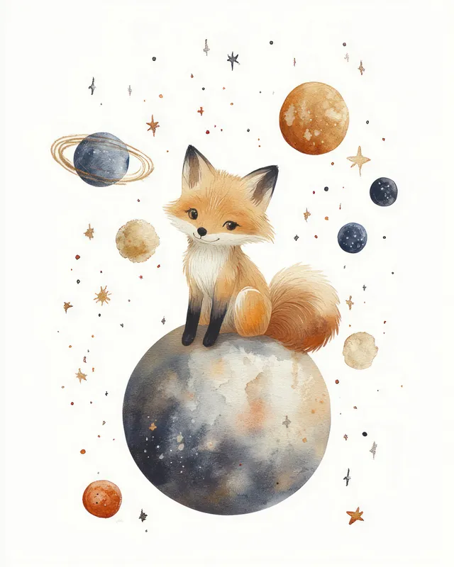 Whimsical watercolor fox sitting on a small planet with colorful space stars around
