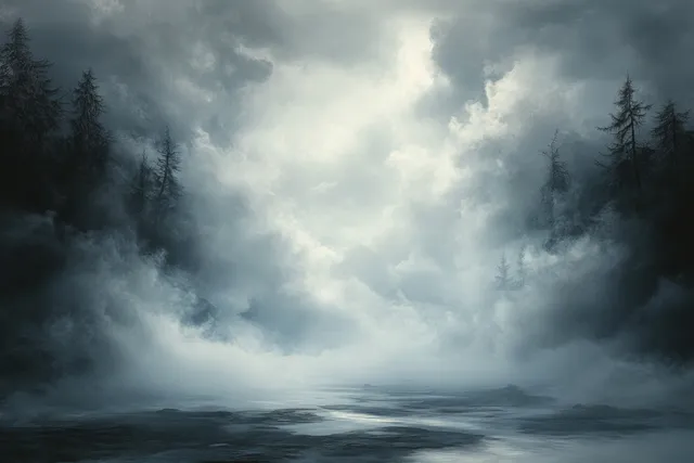 Foggy Forest Landscape with Swirling Mist and Soft Light