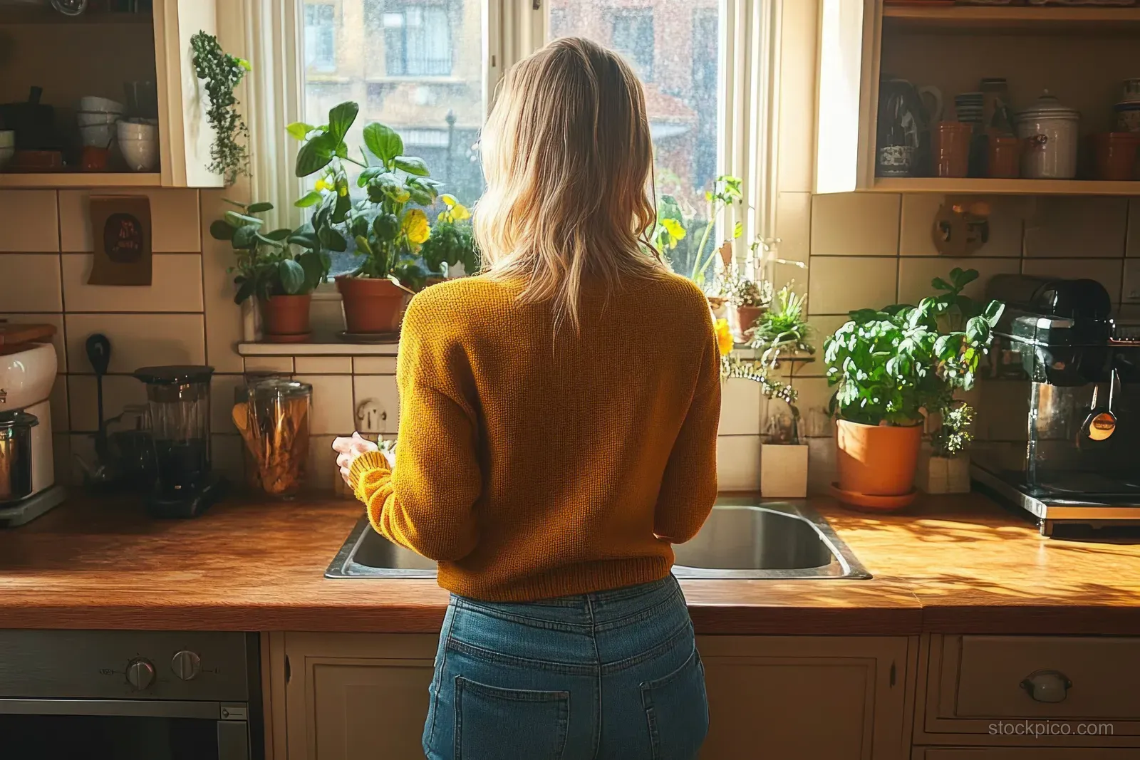 Woman in a mustard sweater stands at a kitchen counter, smiling while texting on a smartphone in warm sunlight.