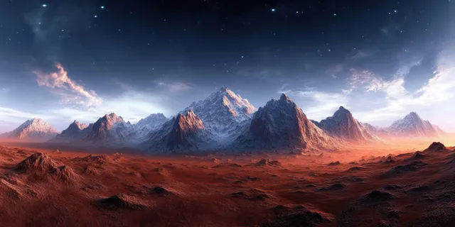 Surreal alien desert with towering mountains under a twilight sky, lit by warm orange haze and distant glow.