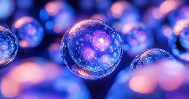 Luminous translucent spheres float in a dark blue and purple background with soft bokeh light reflections.
