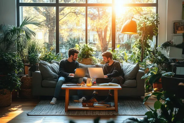 A couple relaxes on a couch using a laptop as warm sunlight streams through a window beside indoor plants.