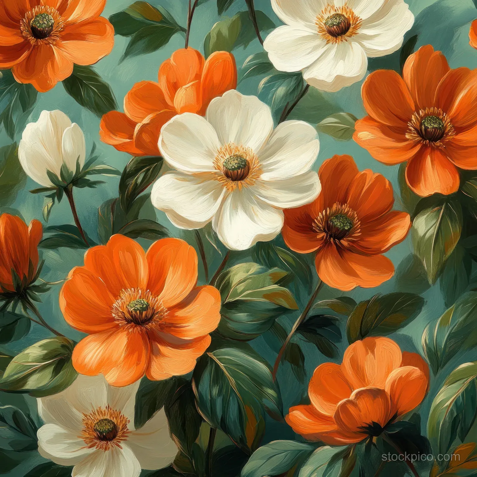 Orange and white flowers with green leaves form a seamless repeating pattern with soft impressionist texture.
